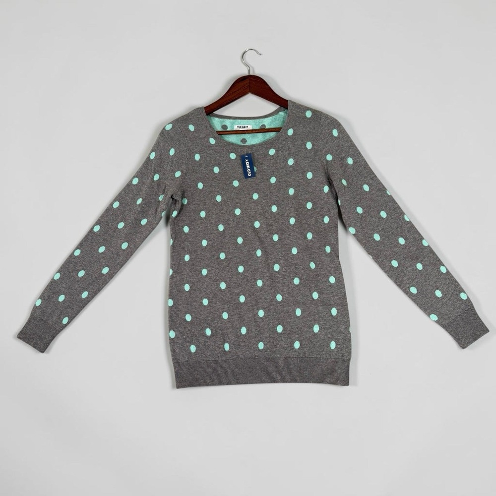 NEW Old Navy Cardigan Sweater Top Womens S Gray Turquoise Polka Dot Lightweight